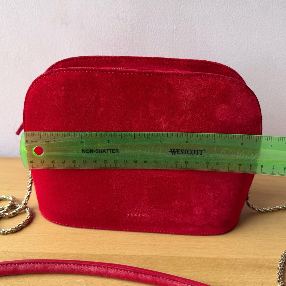 SEZANE RED SUEDE ZIP TOP SHOULDER BAG GOLD COLR METAL CHAIN LEATHER STRAP UNUSED - Picture 7 of 16